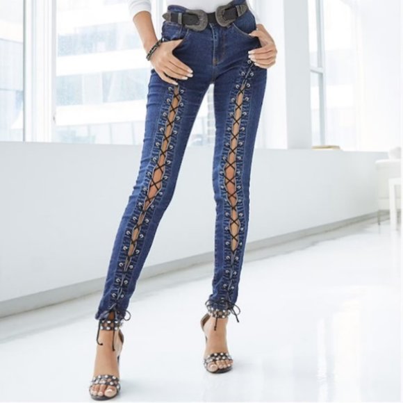 VENUS Denim Lace Up Skinny Jeans - Picture 1 of 5